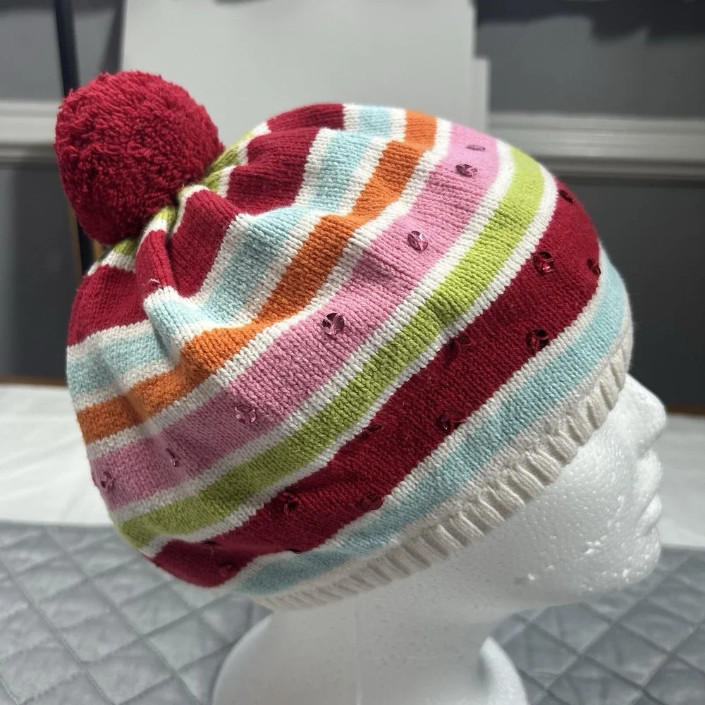 Gymboree Girls Striped Sequin Pom Pom Beanie Hat Size 5-7 Knit Cotton